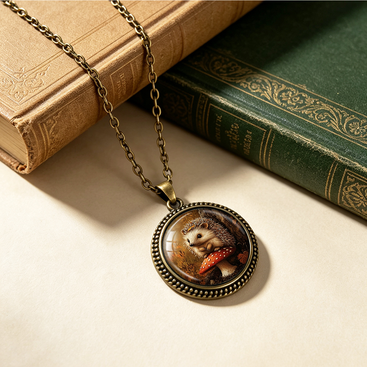 Vintage Forest Mushroom & Hedgehog Pendant Necklace
